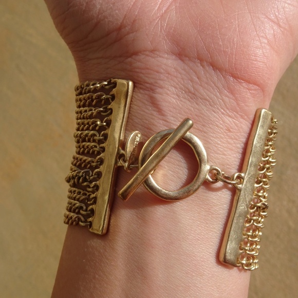 Chico's Gold Cable Chain & Picture Jasper Gemstone Big Boho Chic Toggle Bracelet - Picture 5 of 9